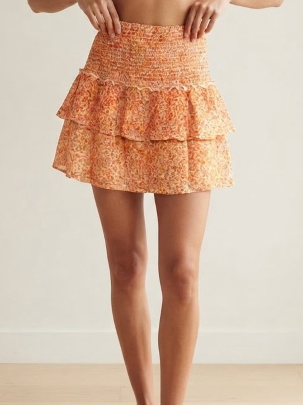 Smocked Waist Tiered Mini Skirt in Orange Floral